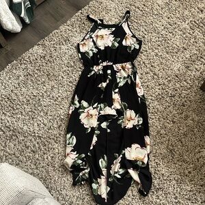 Halter Neck Black Floral Print Romper with Maxi Skirt Attached Overlay